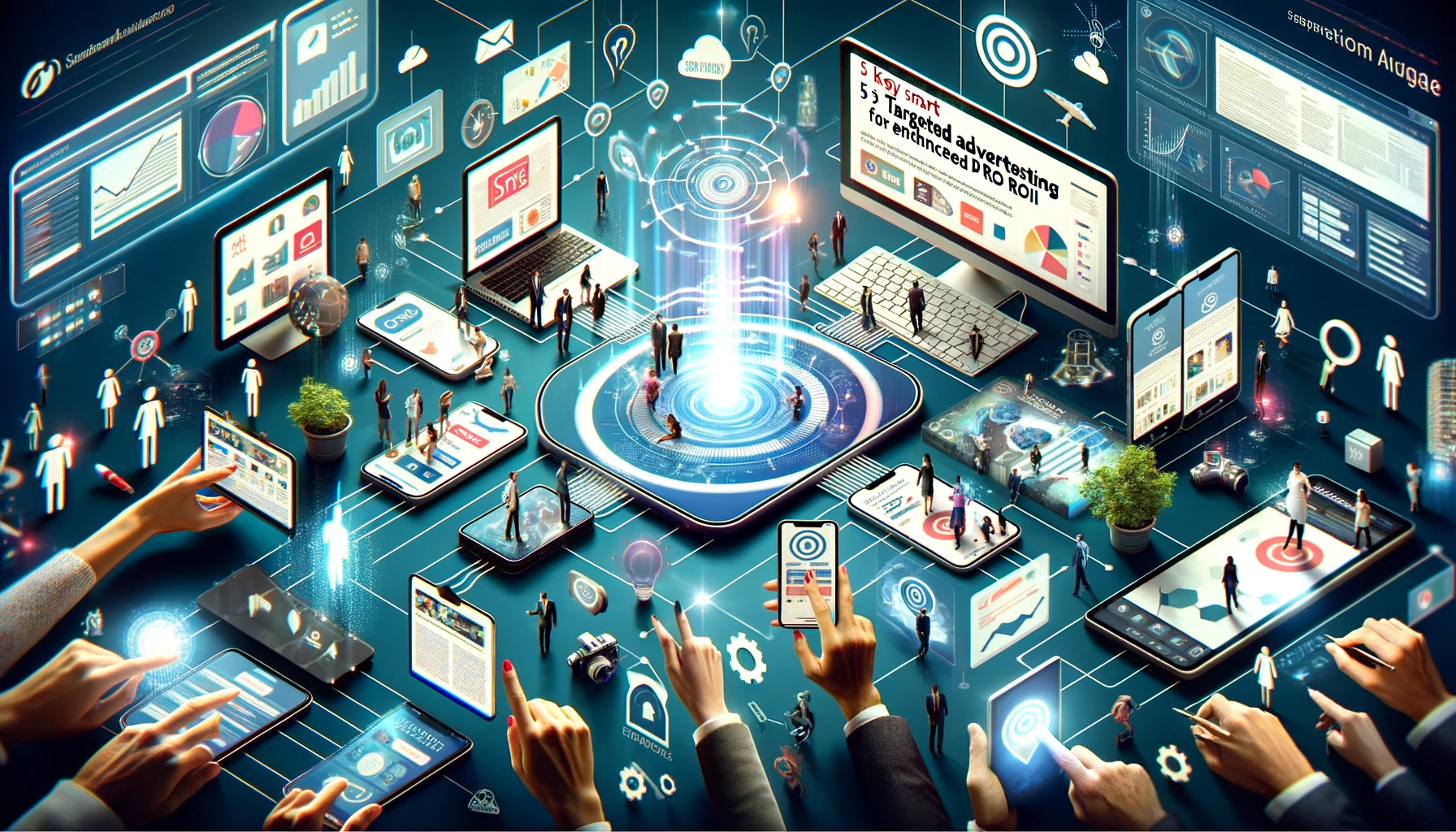 Visualization of targeted advertising strategies showcasing diverse consumer profiles and analytics tools in a modern digital marketing setting.