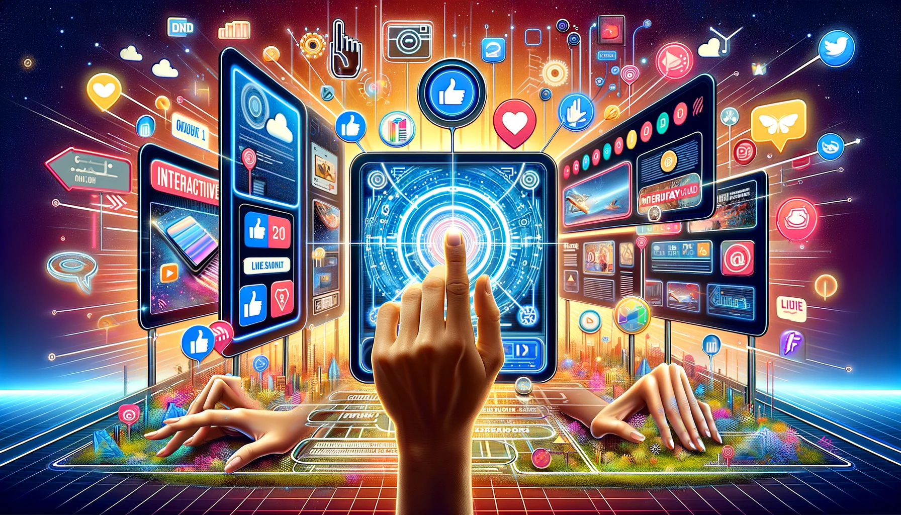 A digital environment featuring 'Interactive Display Ads' with elements like touchscreens, video players, and quizzes on digital billboards, highlighted by hands reaching out and engagement icons like likes and shares.