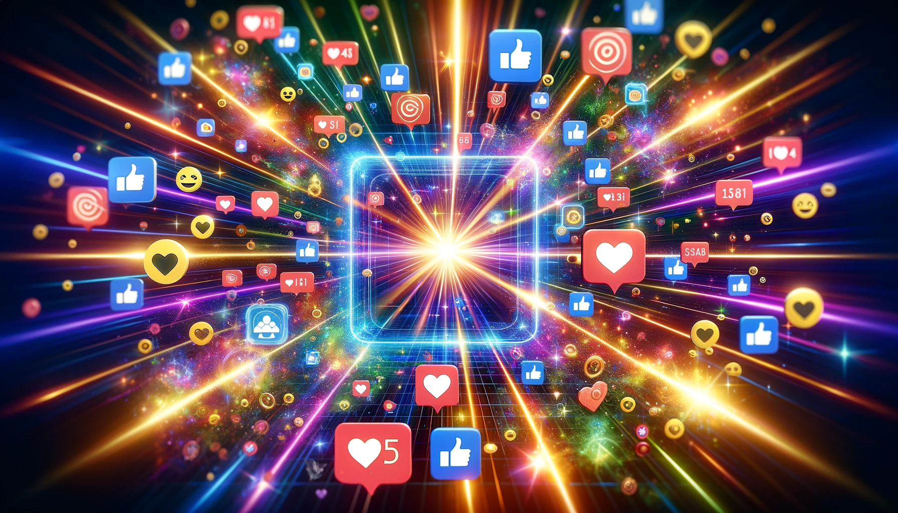Image representing 'Social Ad Engagement', showing a central, glowing abstract social media ad surrounded by dynamic interactions of hearts, comments, shares, and reaction emojis, symbolizing the interactive nature of social media.