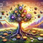 Visualization of 'Content Marketing ROI' with a metaphorical tree showing diverse content forms as branches and strategic investments as roots, against a backdrop of growth analytics.