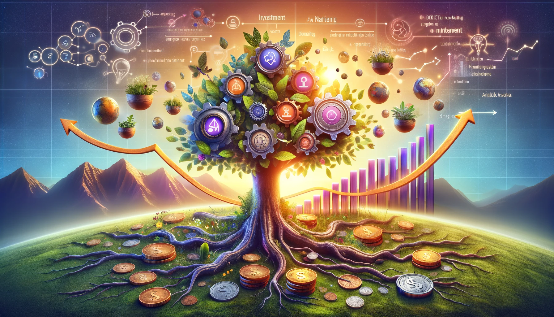 Visualization of 'Content Marketing ROI' with a metaphorical tree showing diverse content forms as branches and strategic investments as roots, against a backdrop of growth analytics.