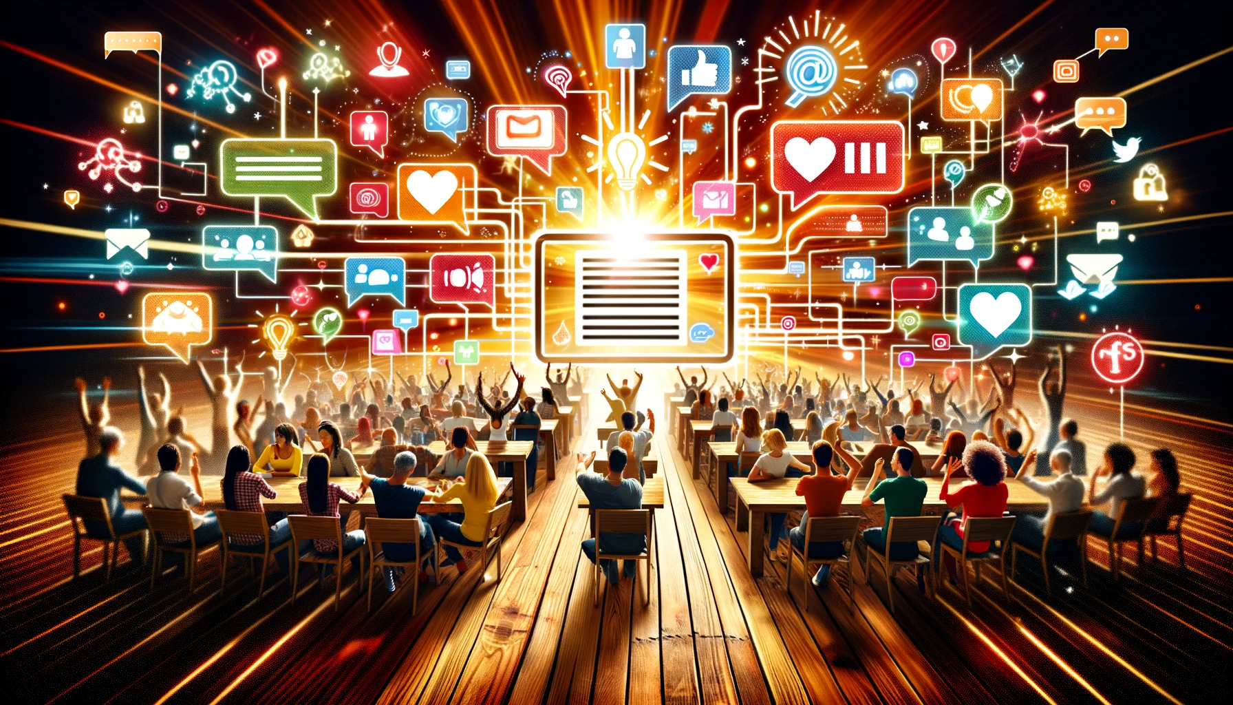 Digital illustration showcasing a vibrant online community space with diverse individuals engaging with blog content through likes, comments, and shares, symbolizing effective Blog Audience Engagement.