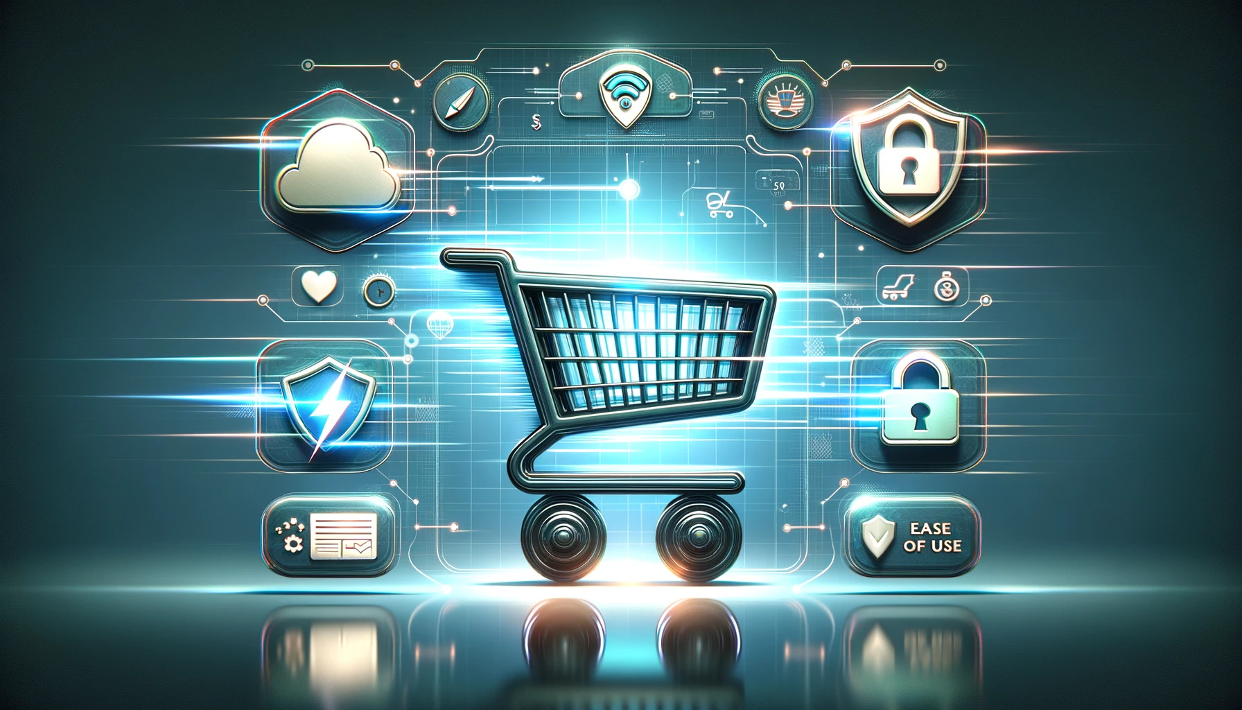 A wide digital illustration depicting the concept of Shopping Cart Optimization. It showcases a user-friendly shopping cart at the center, surrounded by symbols indicating speed, security, and ease of use, set within a modern online store environment, illustrating a seamless and optimized shopping experience.