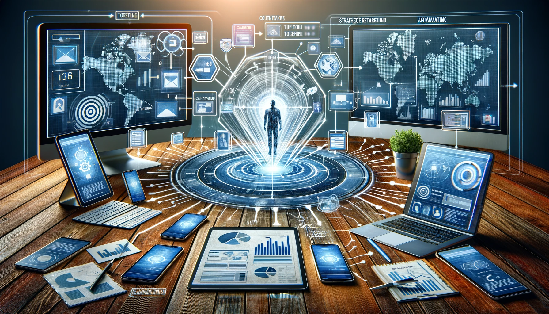 A digital marketing scenario showcasing 'Strategic Retargeting Campaign', with consumer avatars engaged across multiple devices, interconnected by strategic data flows against a backdrop of analytics and strategy charts.