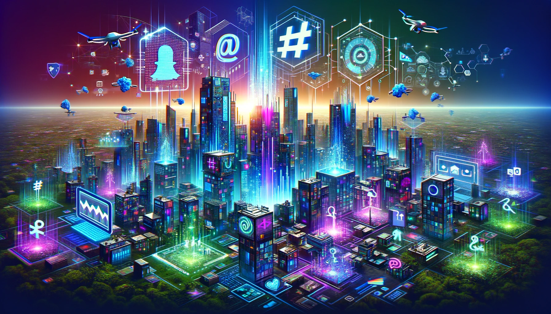 Image encapsulating 'Online Marketing Trends', displaying a futuristic digital cityscape with buildings comprised of digital elements like pixelated structures, hashtag symbols, and social media icons, symbolizing the evolving landscape of online marketing.