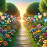 A garden path weaves through vibrant flora, subtly shaped like digital advertising icons, illustrating the seamless blend of content and advertising in native advertising practices.