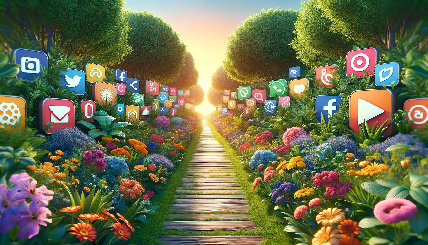 A garden path weaves through vibrant flora, subtly shaped like digital advertising icons, illustrating the seamless blend of content and advertising in native advertising practices.