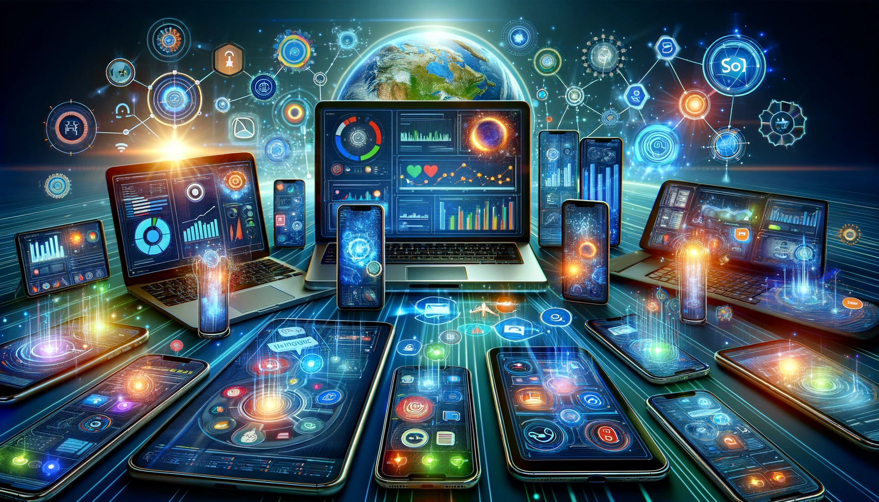 Image representing 'Digital Marketing Tools', featuring an array of digital devices interconnected by glowing lines, each displaying different tools like analytics dashboards and social media platforms.