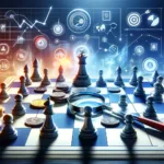 Image representing 'Adwords Strategies Unleashed', featuring a dynamic chessboard with icons such as a magnifying glass, a target, and coins instead of traditional chess pieces, set against a backdrop of analytical graphs, symbolizing strategic planning in Adwords campaigns.