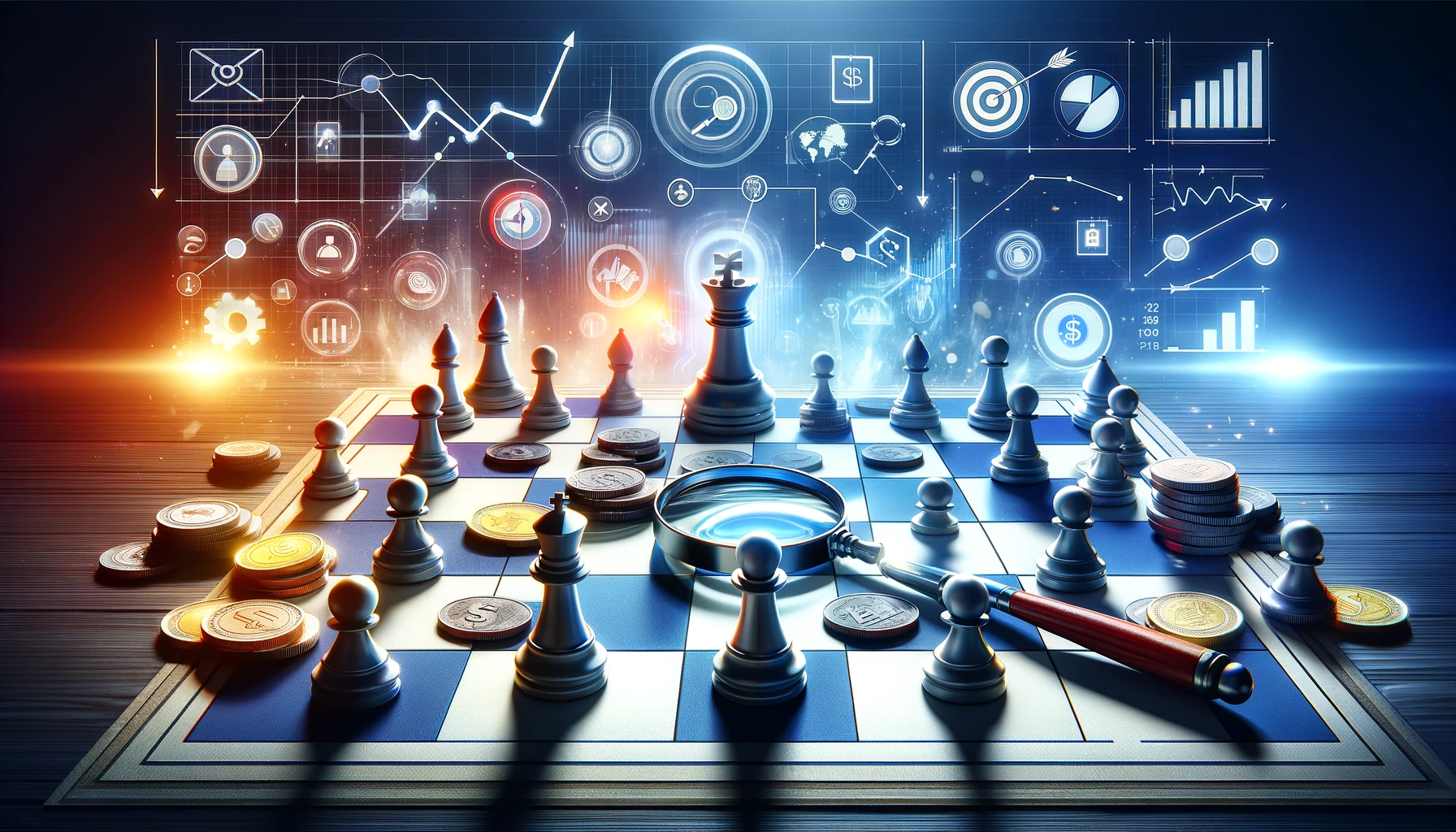 Image representing 'Adwords Strategies Unleashed', featuring a dynamic chessboard with icons such as a magnifying glass, a target, and coins instead of traditional chess pieces, set against a backdrop of analytical graphs, symbolizing strategic planning in Adwords campaigns.
