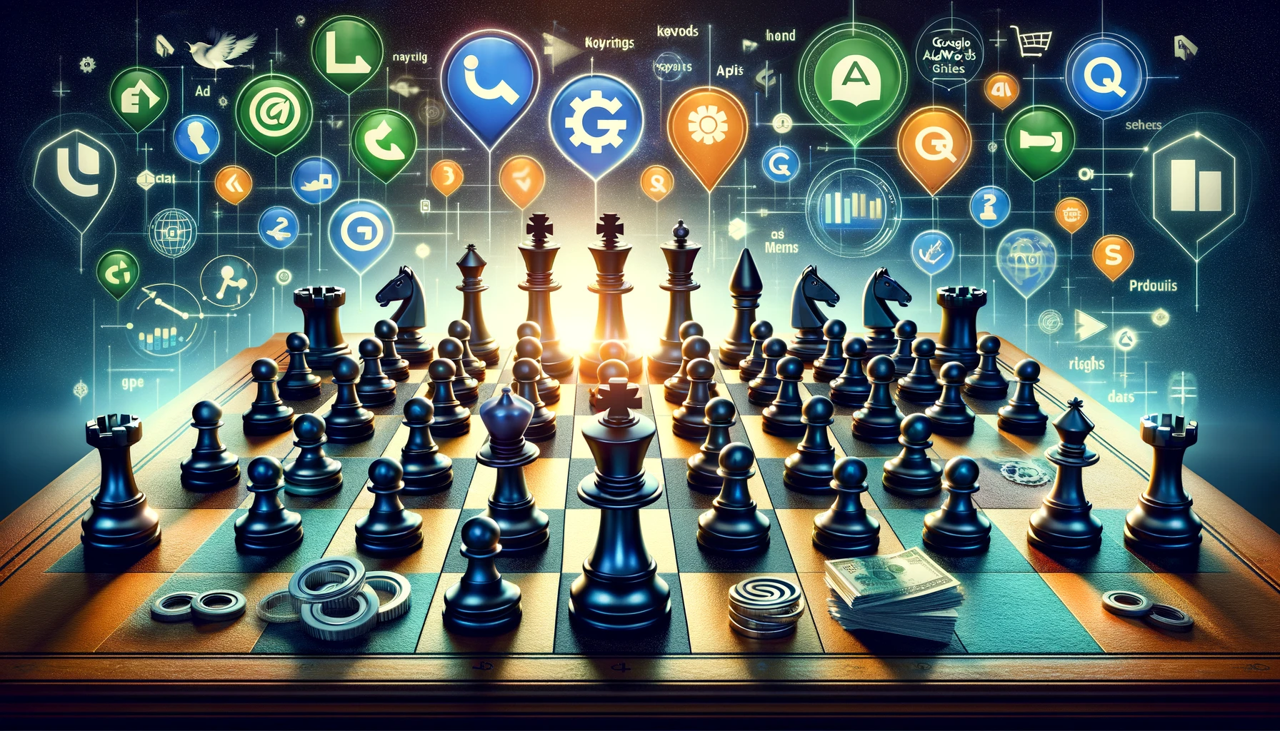 A chessboard with pieces symbolizing 'Google AdWords Strategy' elements like keywords, ads, and metrics, set against a digital marketing battlefield backdrop. This represents strategic planning and execution in Google AdWords campaigns for enhanced business growth.