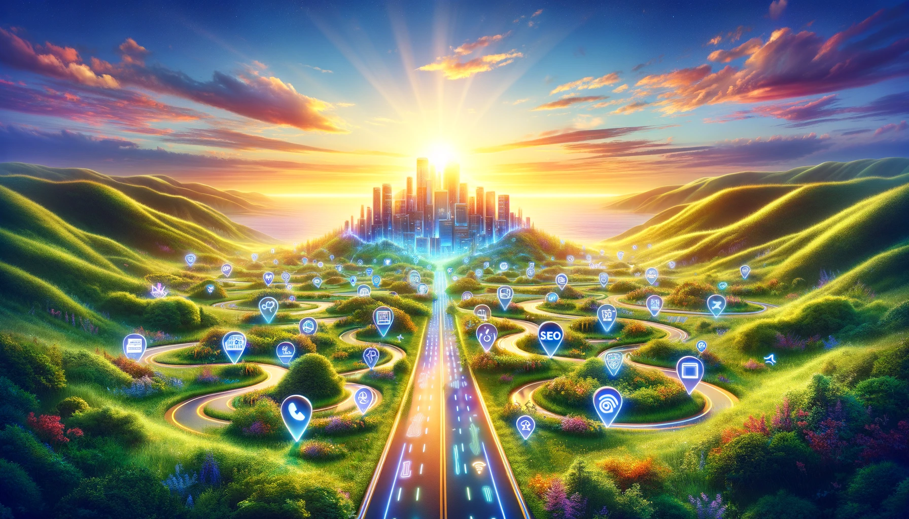 Natural Traffic Growth - A digital landscape with SEO pathways leading to a vibrant, successful website city, surrounded by lush organic growth symbols.