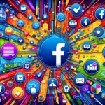 A vibrant social media landscape showcasing 'Facebook Ads Strategies' with diverse user profiles, strategic paths, and advertising symbols such as graphs and targets, illustrating the targeted approach for business growth.