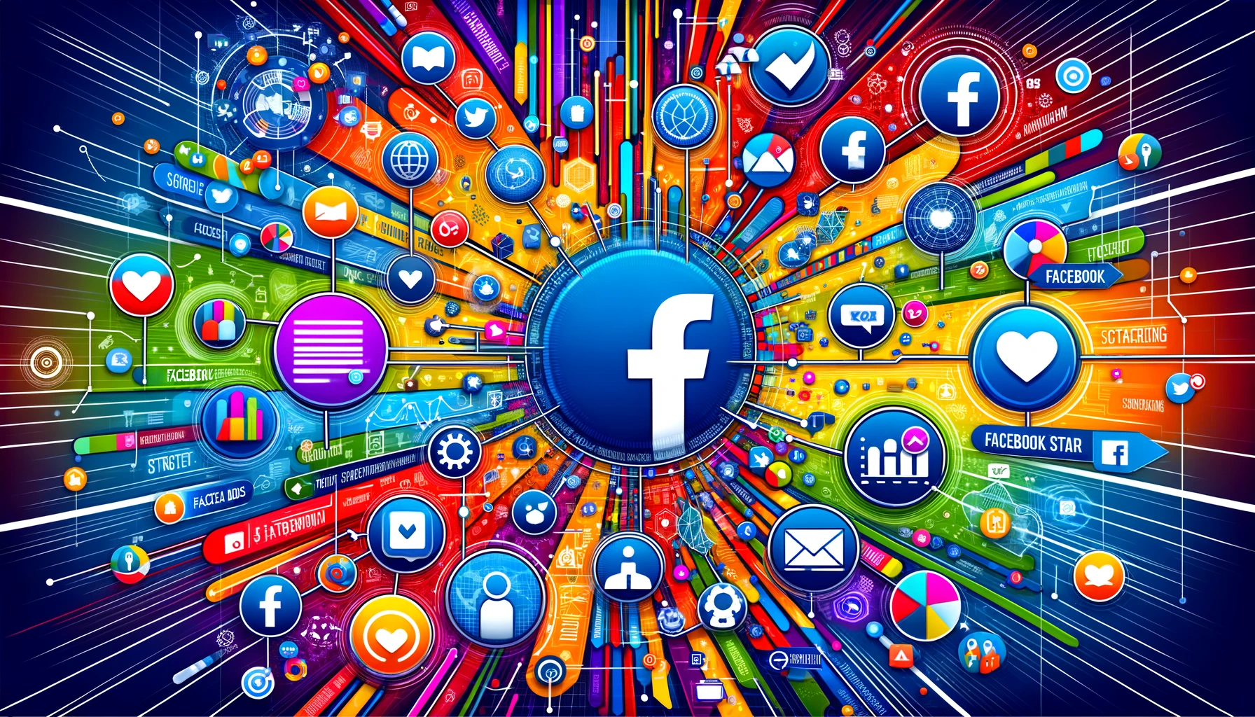 A vibrant social media landscape showcasing 'Facebook Ads Strategies' with diverse user profiles, strategic paths, and advertising symbols such as graphs and targets, illustrating the targeted approach for business growth.