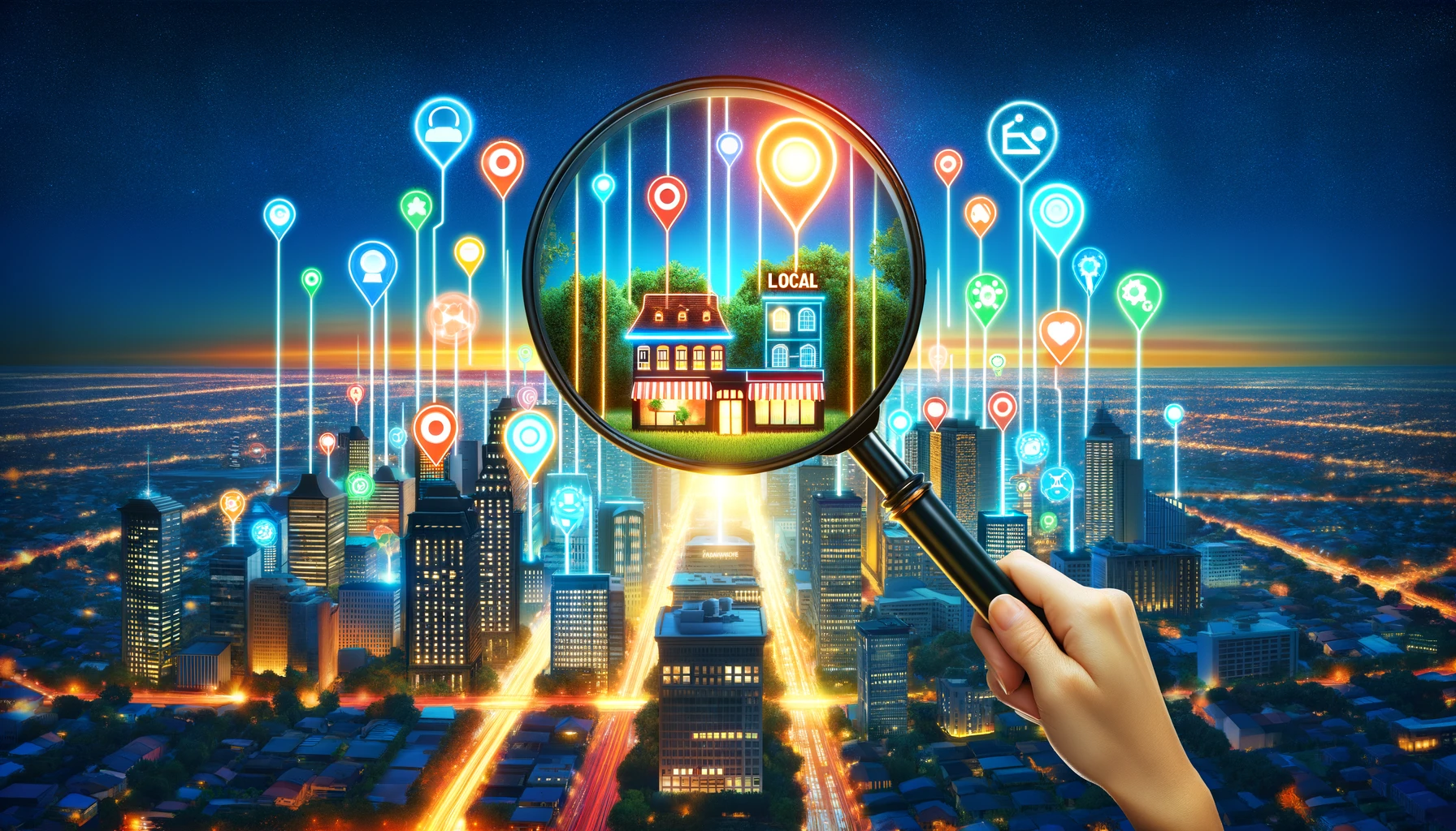 Image illustrating 'Local Keyword Targeting' with a vibrant cityscape, highlighting businesses connected by glowing lines forming local keywords, under a magnifying glass, symbolizing the precision in local SEO.