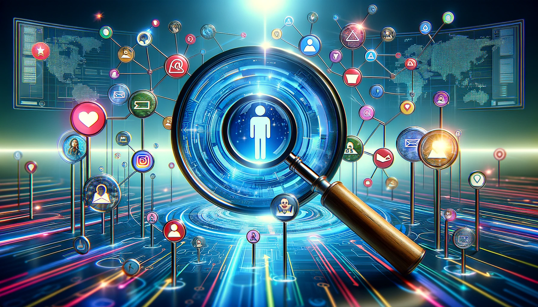 A vivid representation of 'Digital Lead Generation' highlighting a network of digital platforms and a user avatar under a magnifying glass, symbolizing precise audience targeting and engagement within a vibrant digital ecosystem.