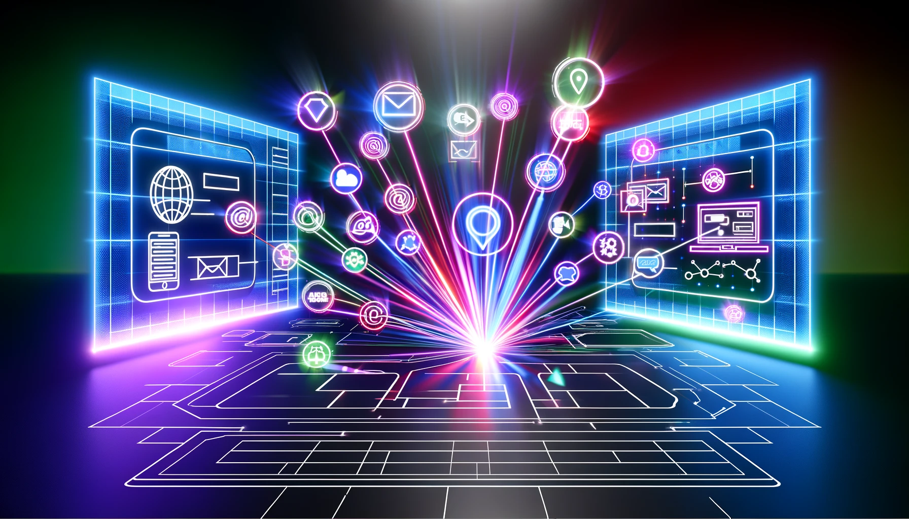 Image embodying 'Digital Advertising Strategies', featuring a digital landscape with various advertising channels and a strategic command center displaying data analytics and creative campaigns.
