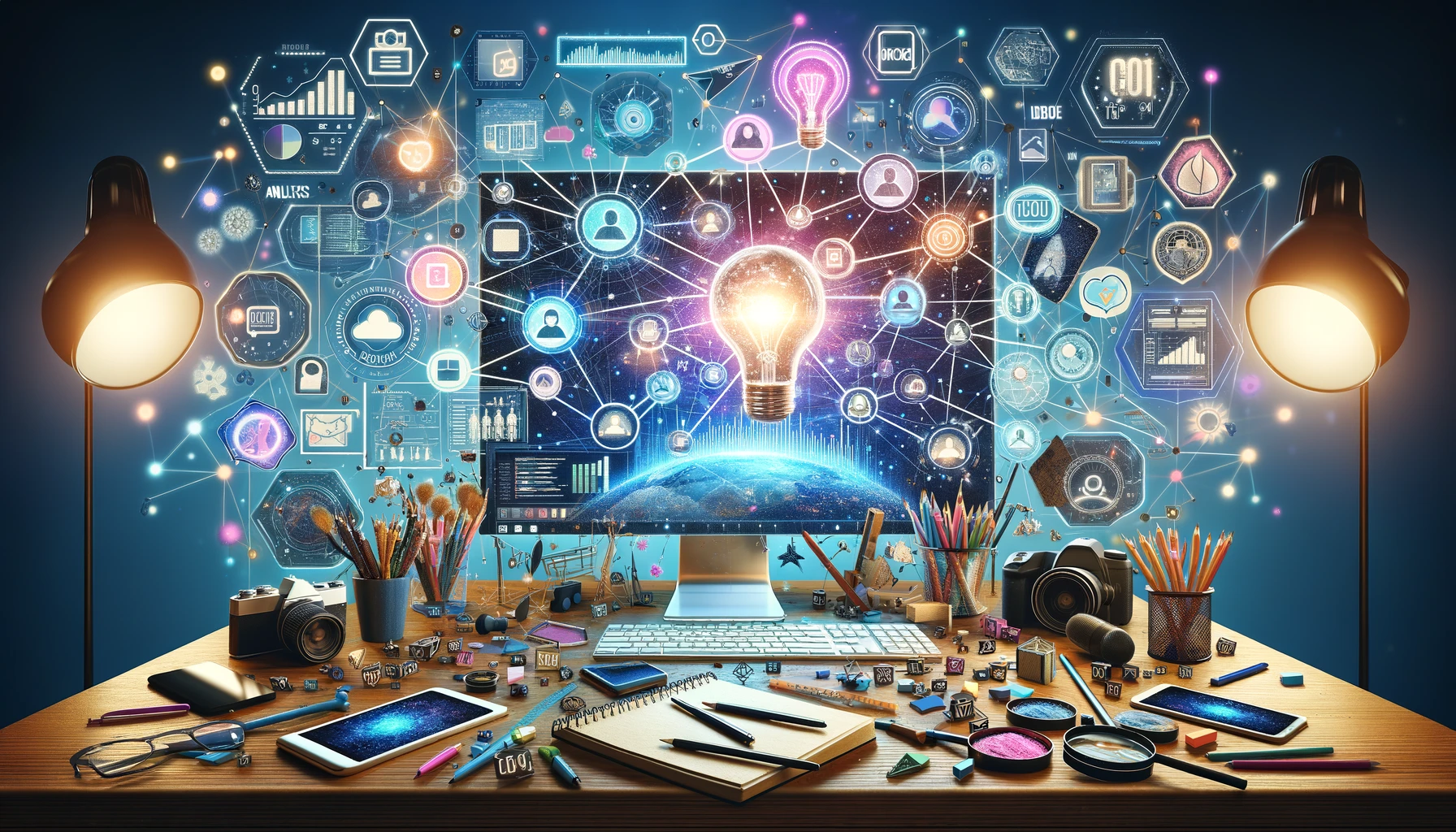 Image depicting 'Influencer Content Strategy', showing a creative workspace with a digital screen displaying social media analytics, surrounded by content creation tools and symbolic elements of strategy and collaboration.