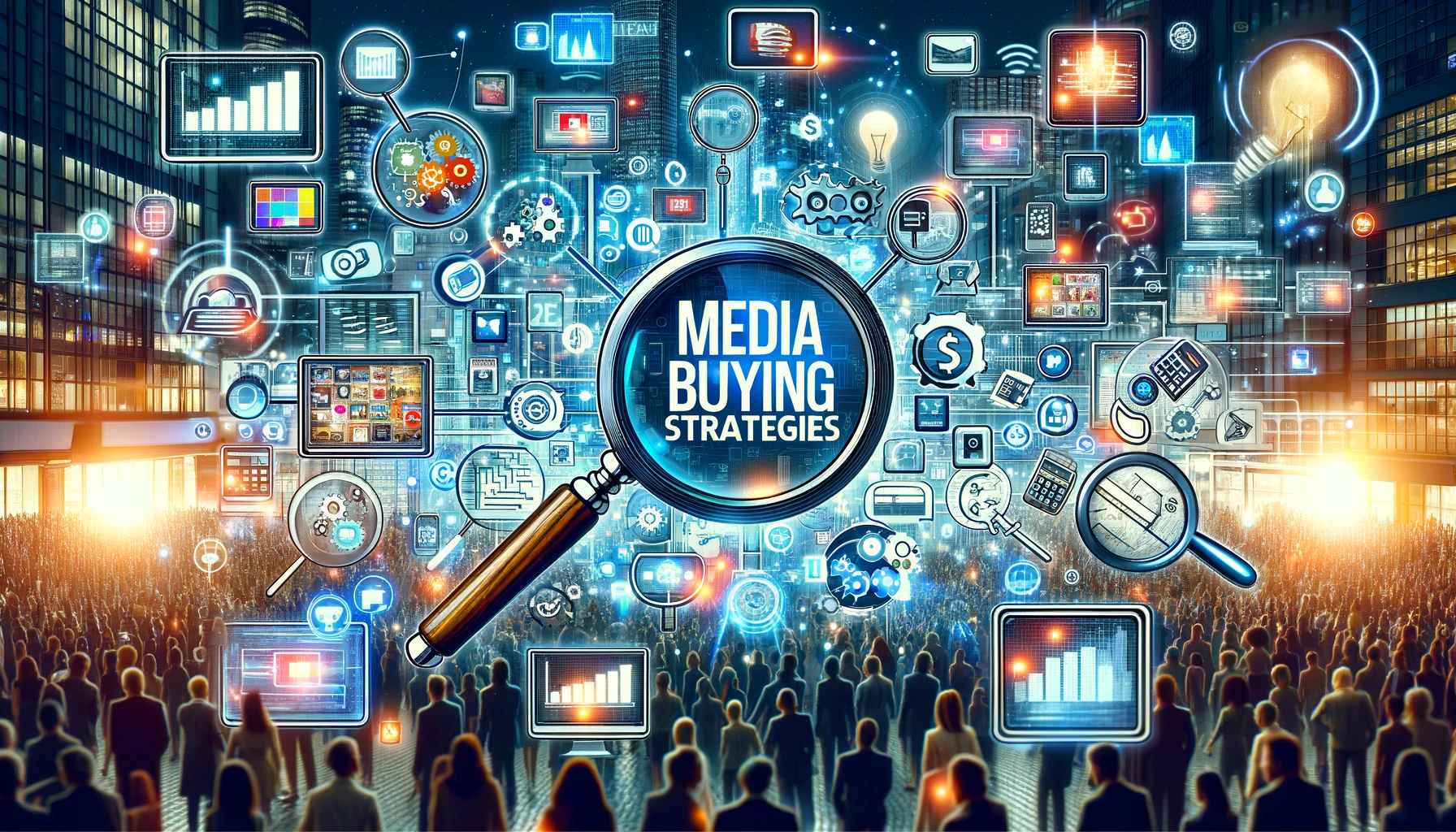 A bustling digital marketplace filled with screens and billboards displaying ads, surrounded by symbols like magnifying glasses, calculators, and charts representing the 'Media Buying Strategies' of analysis, negotiation, and planning.