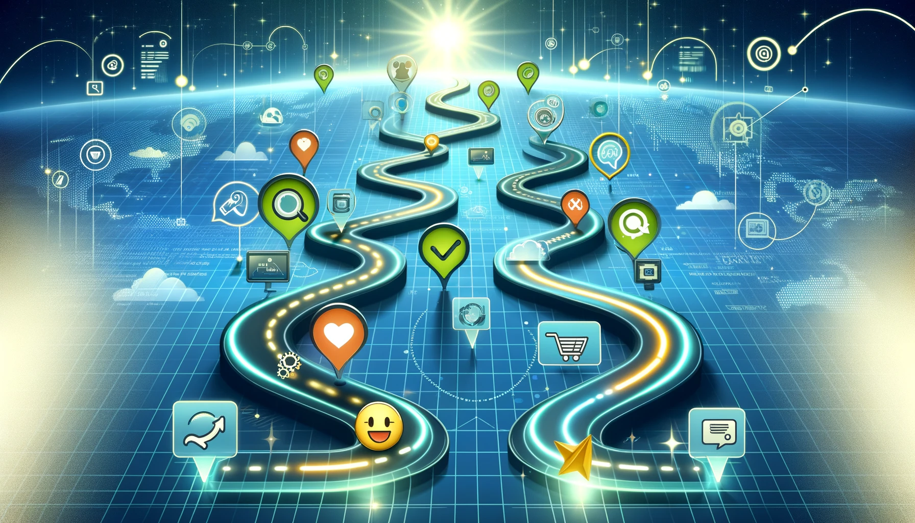 Image representing 'Digital Customer Journey', showing a path unfolding across a digital landscape with milestones like a search magnifying glass, shopping cart, chat bubble, and smiling emoji, symbolizing key interactions.