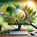 A vibrant garden emerging from a computer monitor, symbolizing the growth of organic search traffic. Diverse plants and flowers bloom, representing strategic content approaches. A magnifying glass emphasizes the focus on enhancing organic search discovery.