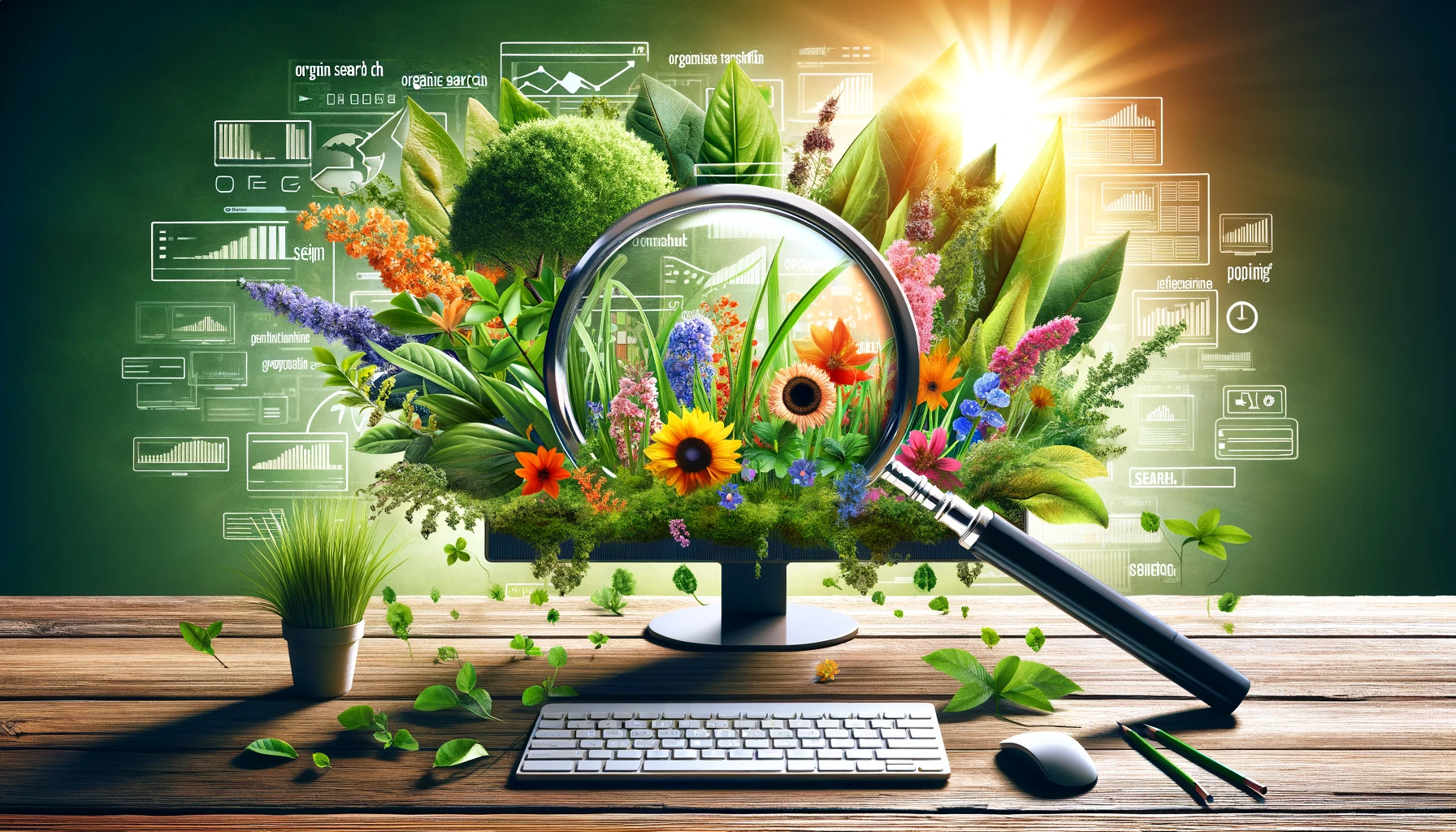 A vibrant garden emerging from a computer monitor, symbolizing the growth of organic search traffic. Diverse plants and flowers bloom, representing strategic content approaches. A magnifying glass emphasizes the focus on enhancing organic search discovery.
