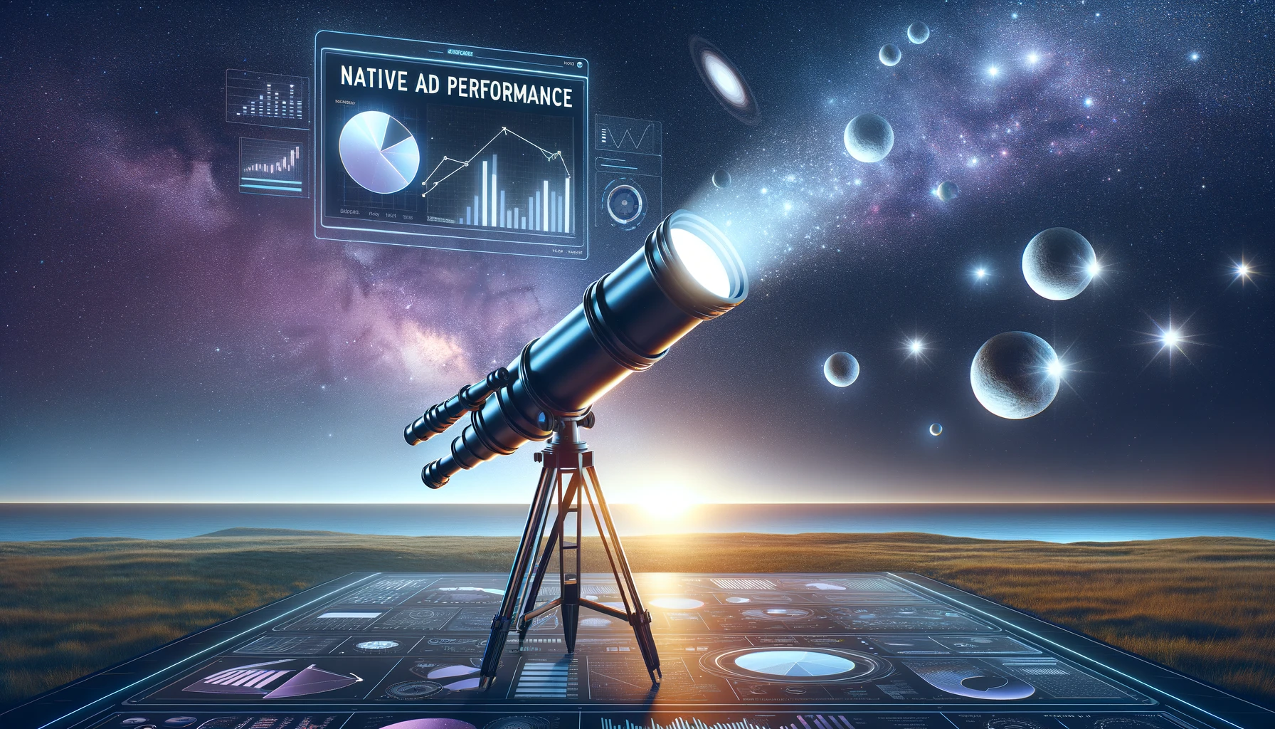 A high-powered telescope points towards a starry sky over a digital landscape, symbolizing the exploration and optimization of native ad performance through analytics.