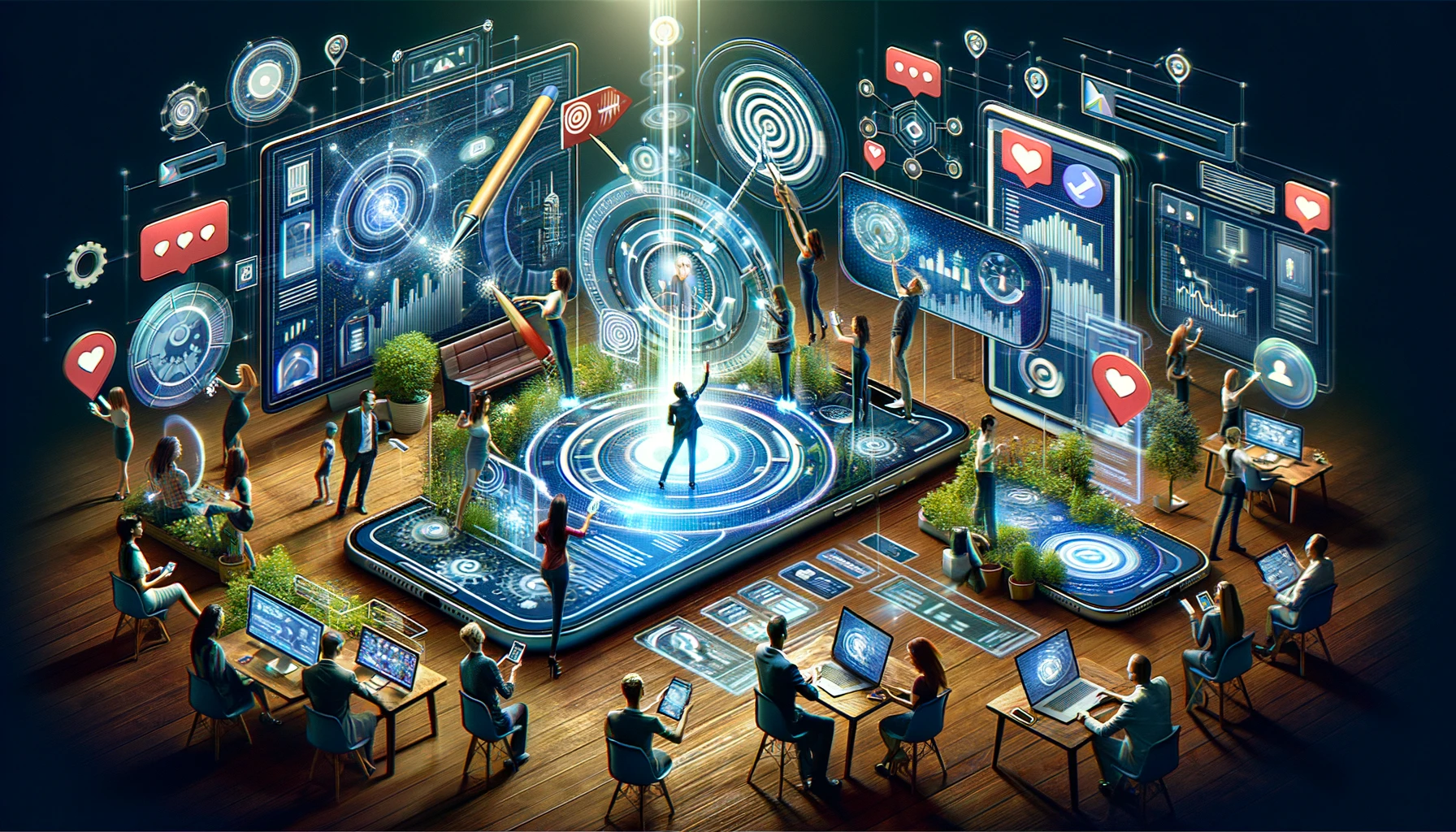 A vibrant illustration showcasing the concept of retargeting ad creative, featuring digital devices displaying personalized ads, with icons representing data analysis and audience engagement surrounding them.