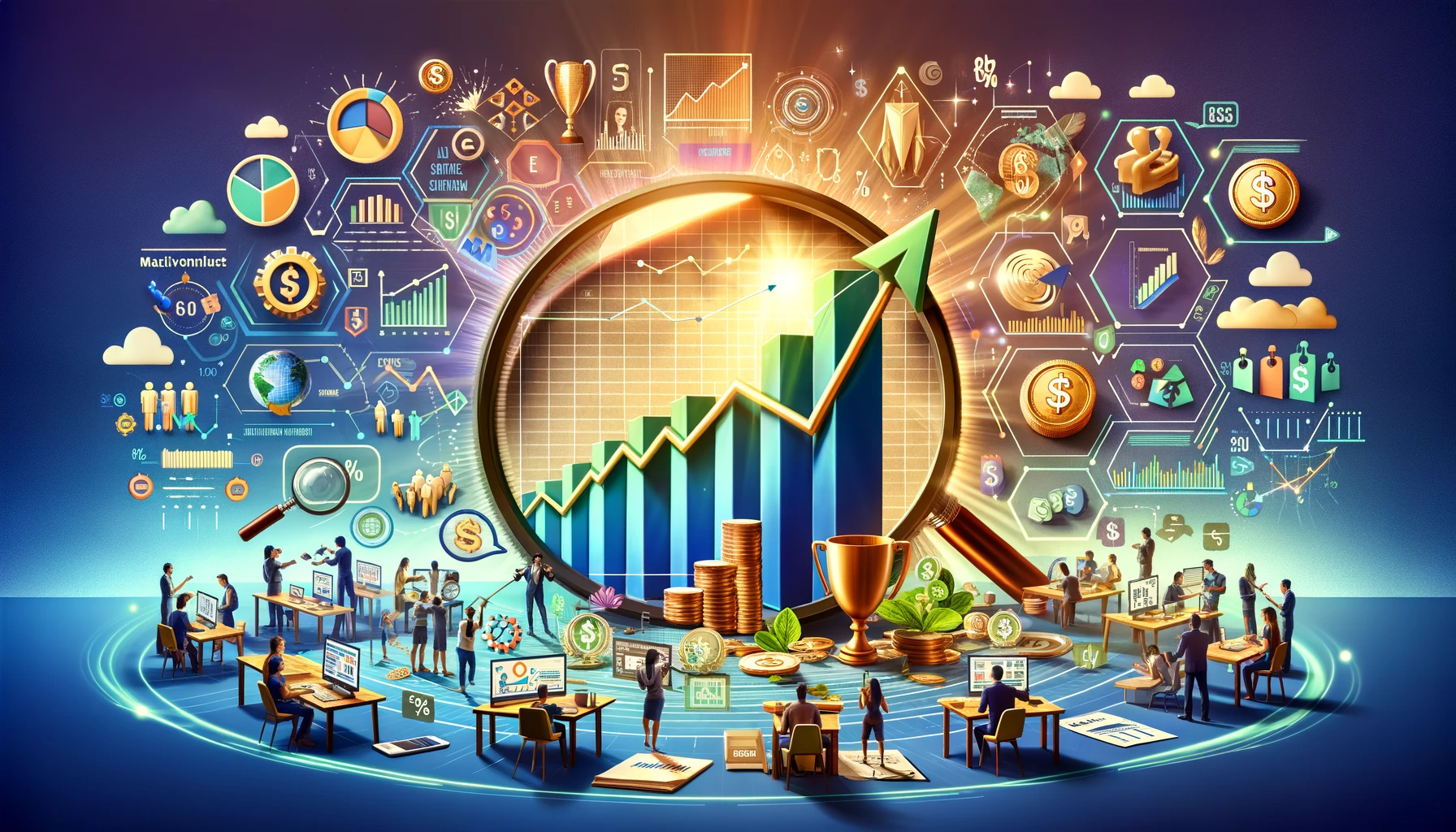 Image encapsulating 'Maximizing Commissions Strategies', with a dynamic graph indicating rising commissions and strategic elements like a magnifying glass, trophy, and financial symbols, alongside affiliate marketers at work.