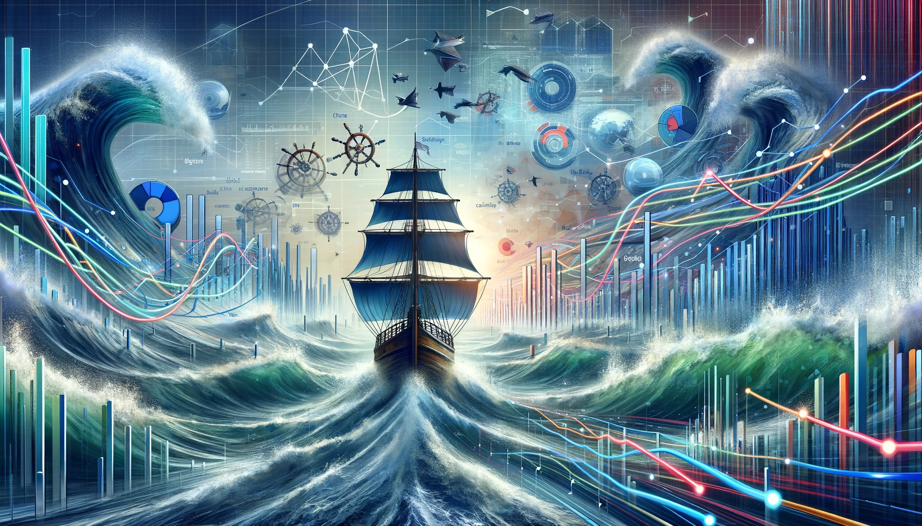 A ship confidently navigating through a sea of digital data, symbolizing the mastery of navigating website traffic. Waves of various digital elements represent the different channels and strategies essential for effective web traffic navigation.