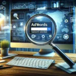A detailed scene capturing the essence of 'AdWords Keyword Selection', featuring a magnifying glass analyzing keywords on a digital screen, surrounded by data analysis charts and graphs, symbolizing the strategic selection process in digital advertising.