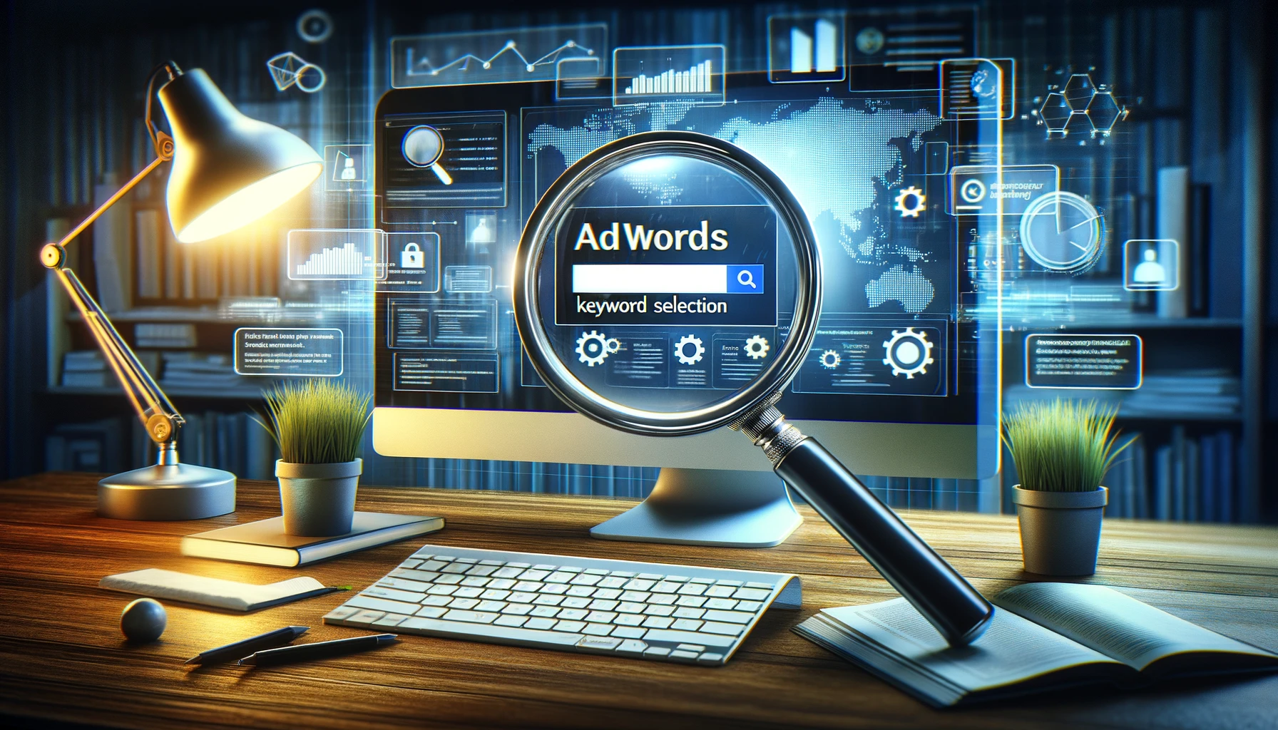 A detailed scene capturing the essence of 'AdWords Keyword Selection', featuring a magnifying glass analyzing keywords on a digital screen, surrounded by data analysis charts and graphs, symbolizing the strategic selection process in digital advertising.