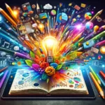 Image encapsulating 'Engaging Blog Content', featuring an open notebook or digital tablet with a burst of creative elements like colorful pens, light bulbs, charts, and imagery, symbolizing the brainstorming to beautification process of captivating blog creation.