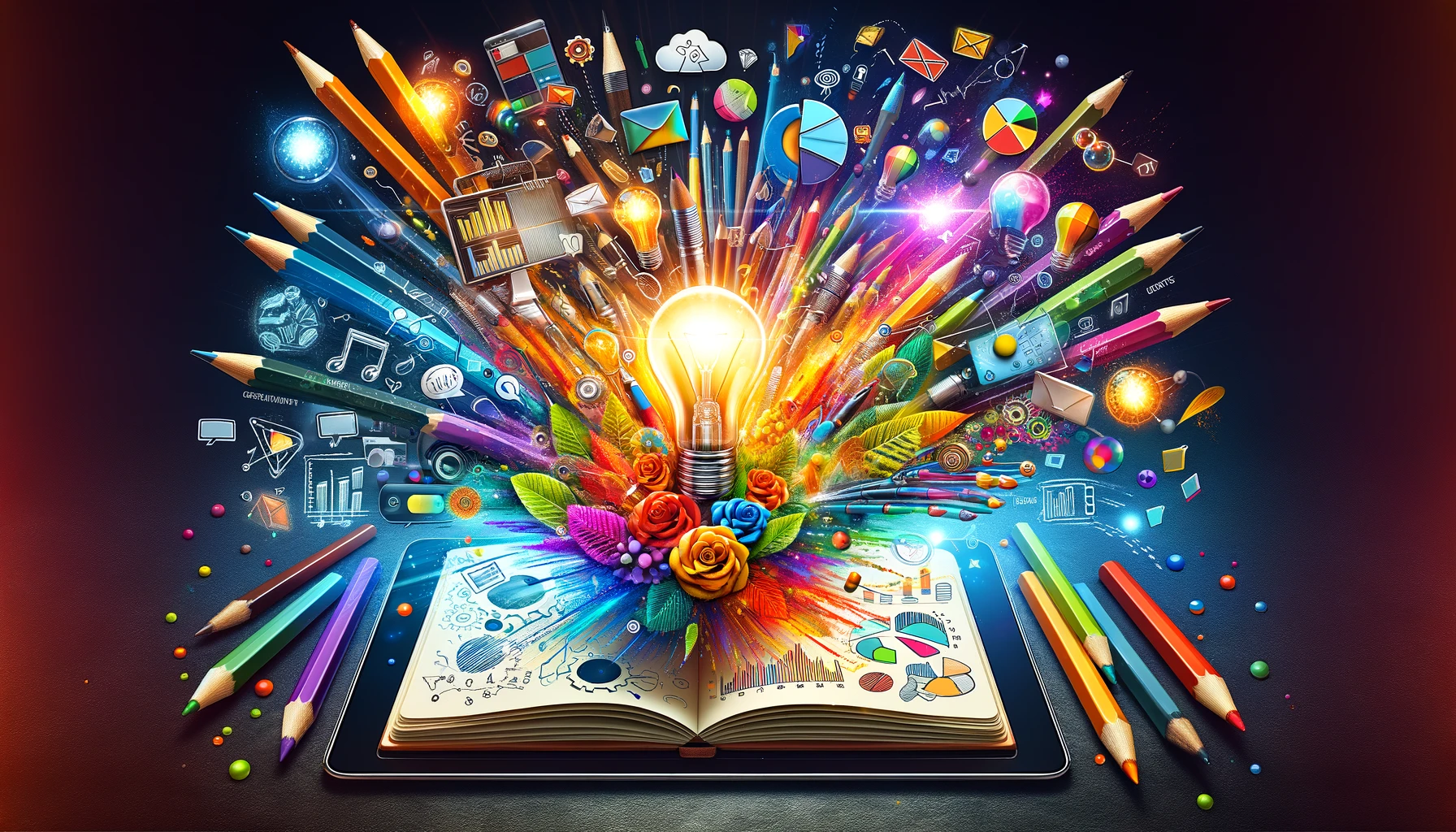 Image encapsulating 'Engaging Blog Content', featuring an open notebook or digital tablet with a burst of creative elements like colorful pens, light bulbs, charts, and imagery, symbolizing the brainstorming to beautification process of captivating blog creation.