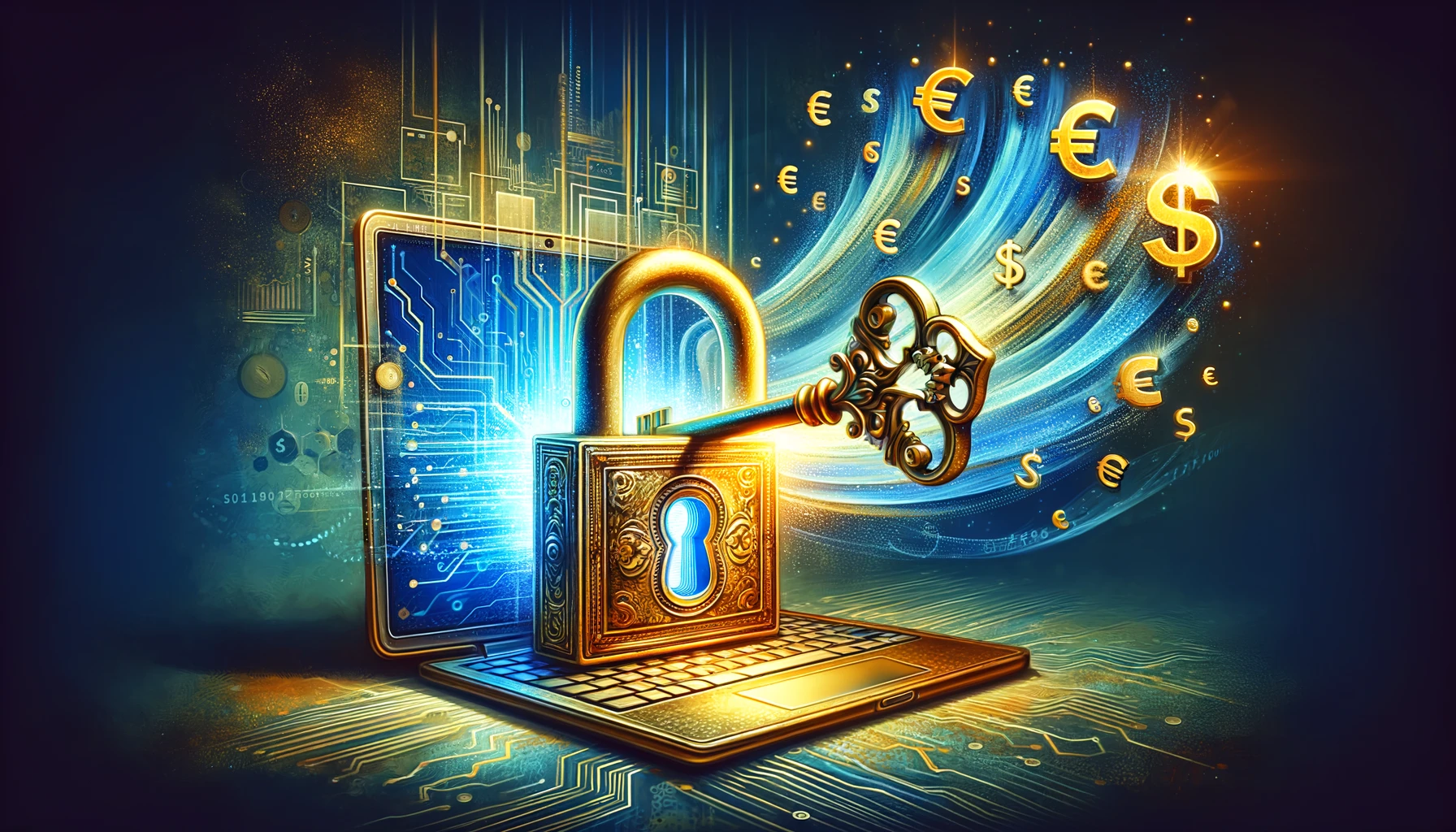 Image displaying the concept of unlocking blog monetization, featuring a large key turning inside a golden lock shaped like a computer screen, with digital data streams and currency symbols flowing out, symbolizing the potential revenue from successful blog strategies.