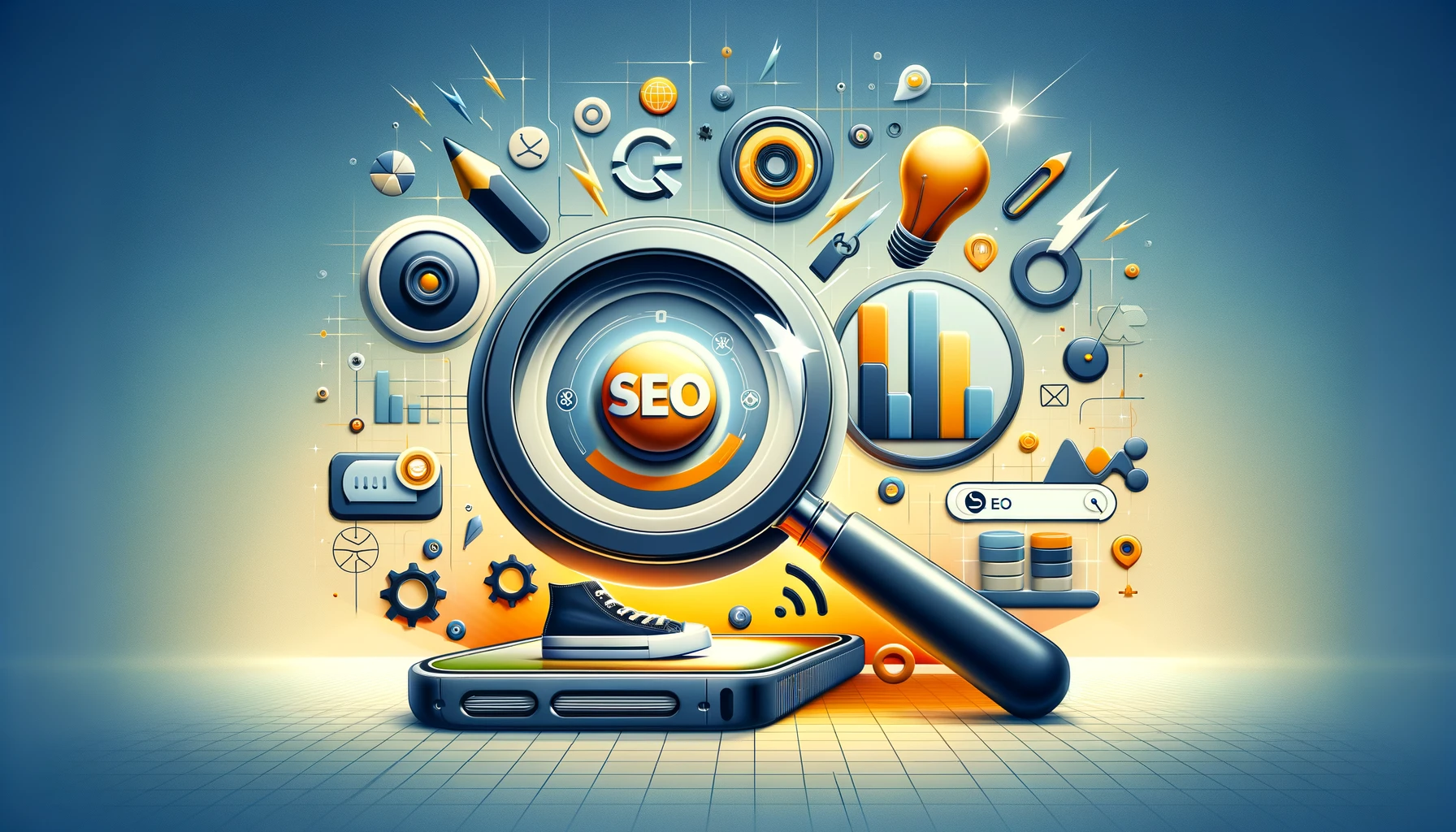 Abstract depiction of product page optimization featuring a magnifying glass highlighting a high-quality product image, surrounded by SEO and user experience icons.
