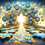 Image visualizing 'Affiliate Networks Demystified', depicting a scene where a giant puzzle representing affiliate marketing is being assembled, with light bulbs and question marks in the background.