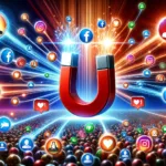 Dynamic visualization of social media platforms interconnected with streams of light, with a digital magnet attracting user avatars, symbolizing effective strategies in generating social media leads.