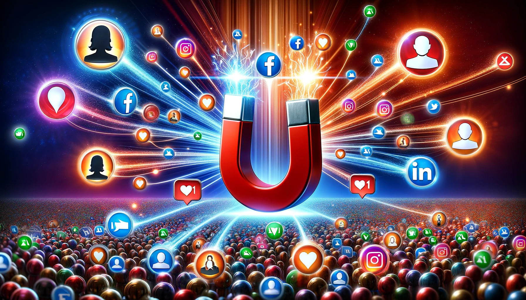 Dynamic visualization of social media platforms interconnected with streams of light, with a digital magnet attracting user avatars, symbolizing effective strategies in generating social media leads.