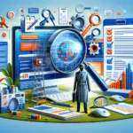 Illustration of Technical SEO Audit showing a magnifying glass over a website structure, SEO tools, checklists for technical aspects, and analytics display, representing the detailed process of enhancing search engine performance.