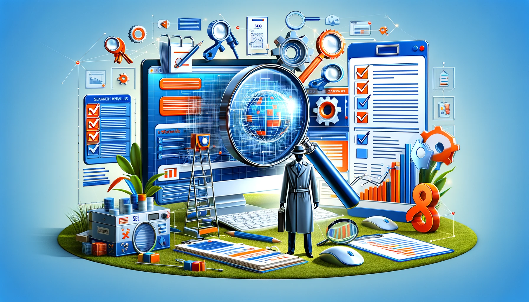 Illustration of Technical SEO Audit showing a magnifying glass over a website structure, SEO tools, checklists for technical aspects, and analytics display, representing the detailed process of enhancing search engine performance.