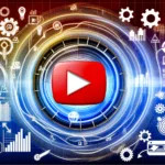 Central YouTube play button encircled by optimization elements like target audience icons and performance graphs, illustrating Youtube Ad Optimization strategies.