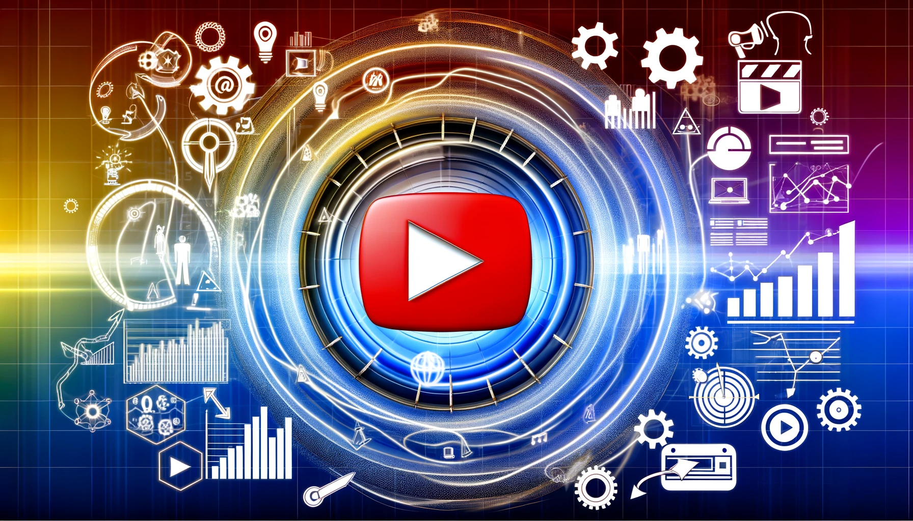 Central YouTube play button encircled by optimization elements like target audience icons and performance graphs, illustrating Youtube Ad Optimization strategies.