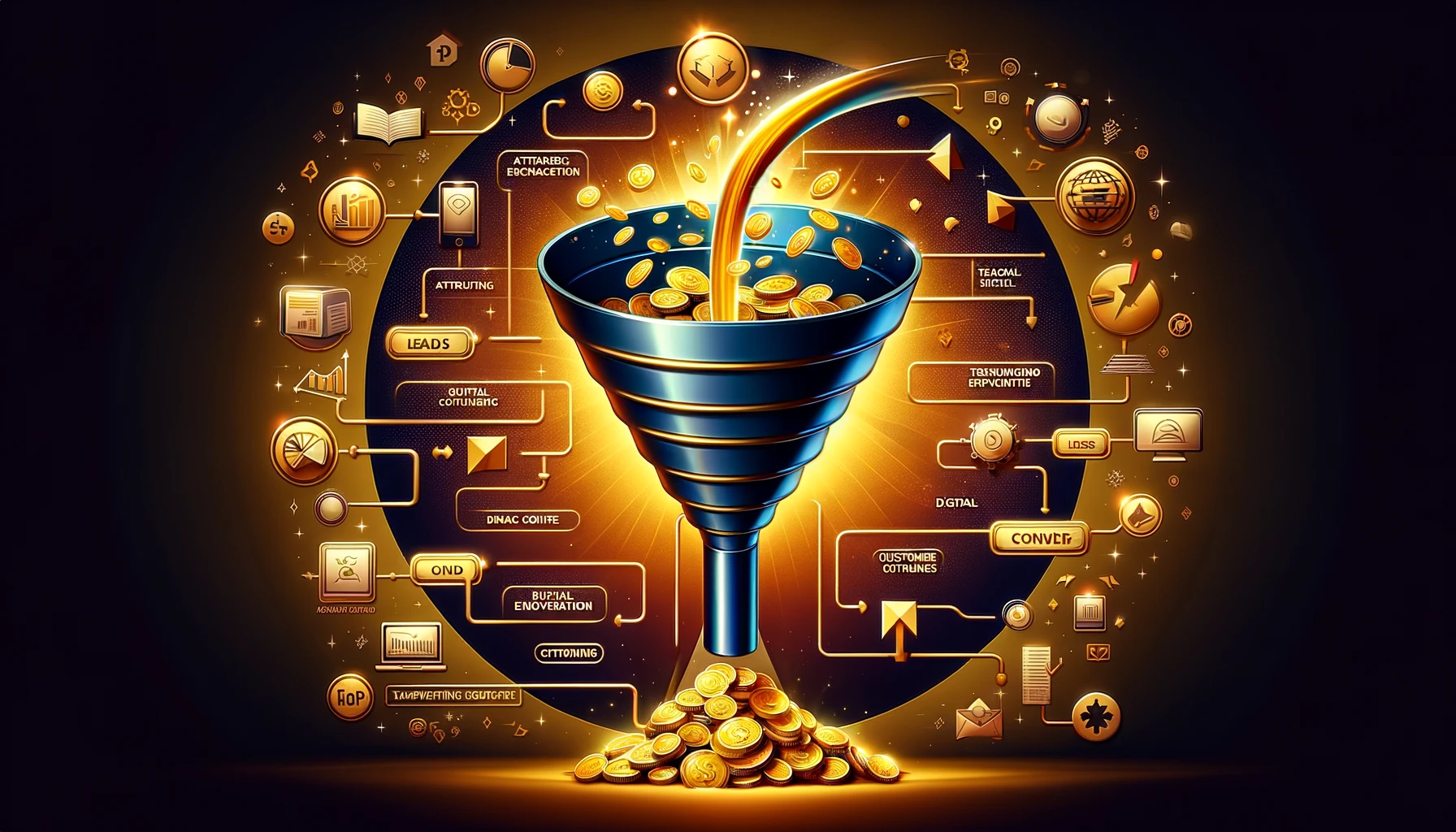 Creative depiction of Funnel Marketing Strategy, illustrating the transformation of abstract leads into revenue through a funnel, surrounded by symbols of targeted content, digital outreach, and customer engagement.