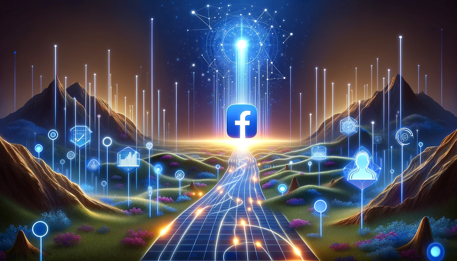 Illuminated path leading to a glowing Facebook Pixel icon, emblematic of the Facebook Pixel Optimization process, set in a digital landscape with analytical tools.