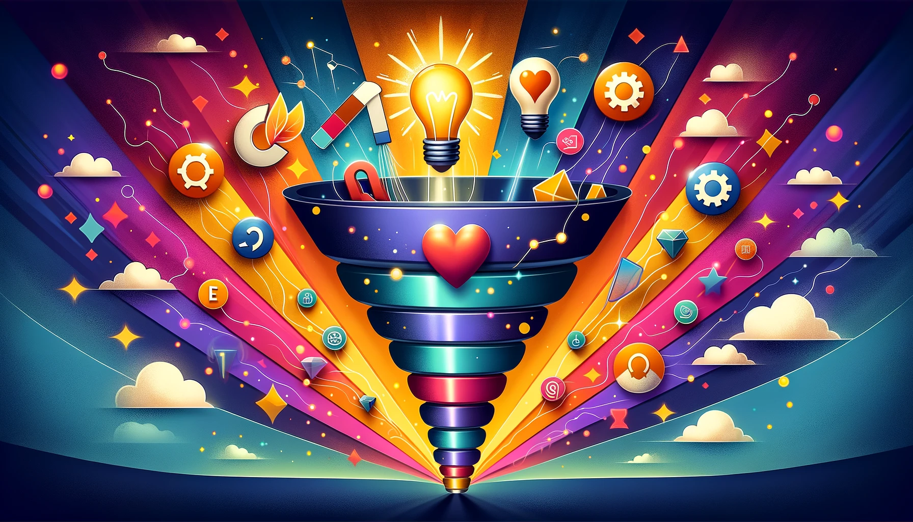 Abstract representation of the lead funnel management process, featuring segmented stages filled with icons such as a magnet, dialogue bubble, light bulb, and heart, symbolizing attraction, engagement, insight, and relationship building.