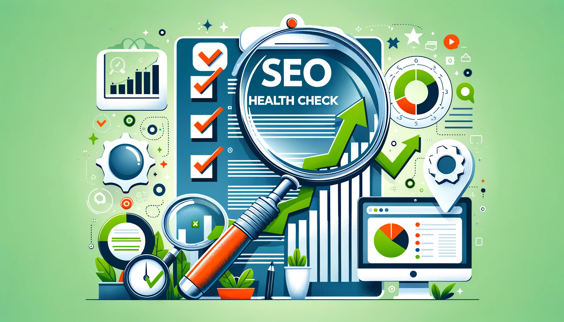 Digital illustration depicting an SEO Health Check with a checklist of SEO symbols, a magnifying glass inspecting a webpage, analytics on a computer screen, and an upward-trending green graph symbolizing SEO improvement.