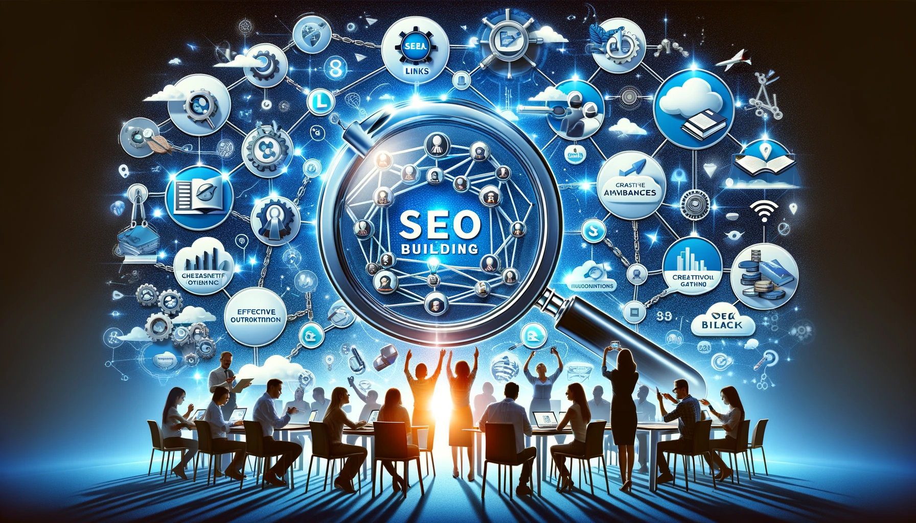 Digital illustration visualizing the concept of Building Quality Links for SEO, featuring interconnected networks, a magnifying glass over valuable links, and a community of marketers engaging in content creation and collaboration.
