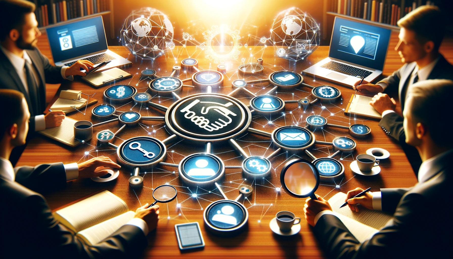 Visual representation of Link Acquisition Techniques, featuring interconnected web pages, digital handshakes symbolizing partnerships, and magnifying glasses highlighting content quality for SEO success.
