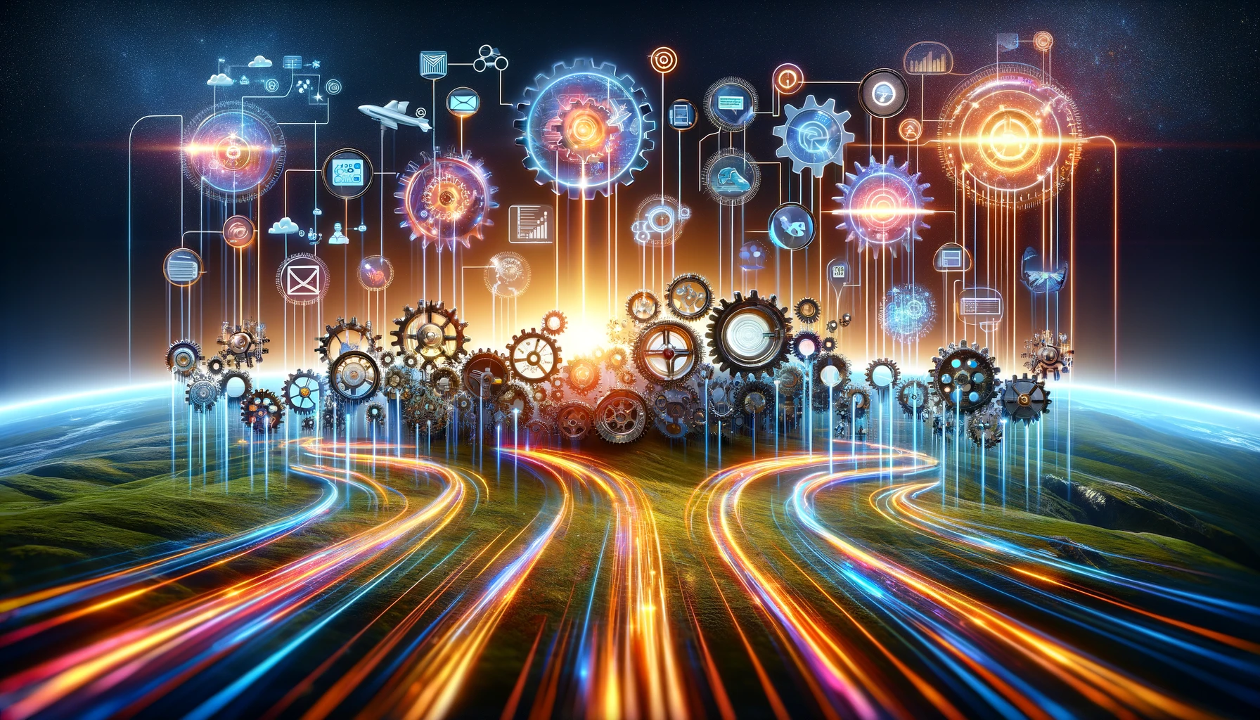 Illustration of an integrated digital landscape with gears and machines symbolizing the seamless workflow of marketing automation tools across various functions.